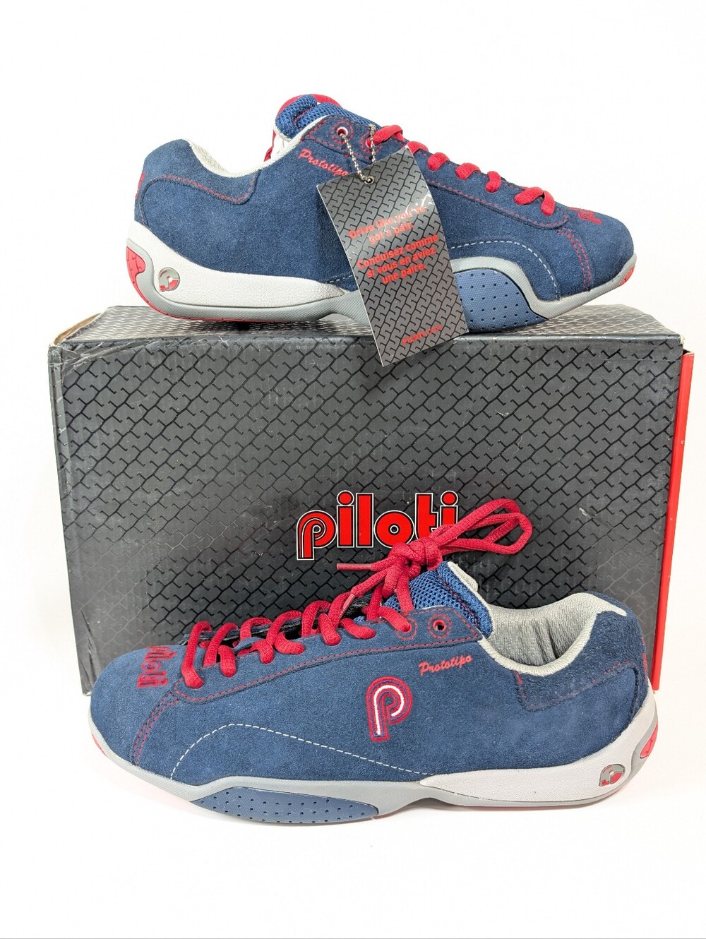 Piloti Prototipo Driving Shoes Mens Size 7.5 US Blue Suede Leather Red New Box